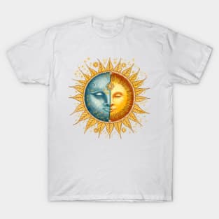 Sun and moon face hand drawn illustration. Zodiac sign. T-Shirt